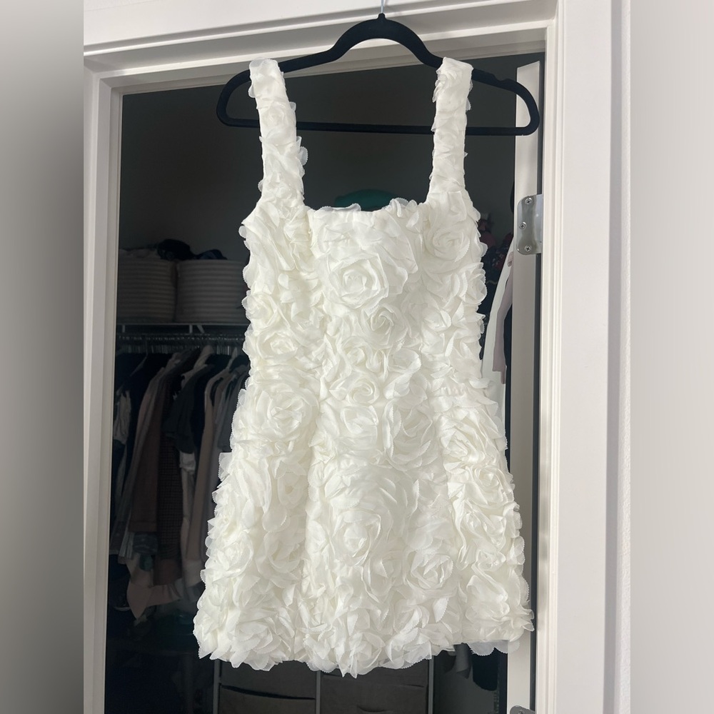 Floral-Appliqué Corset Mini Dress in White
